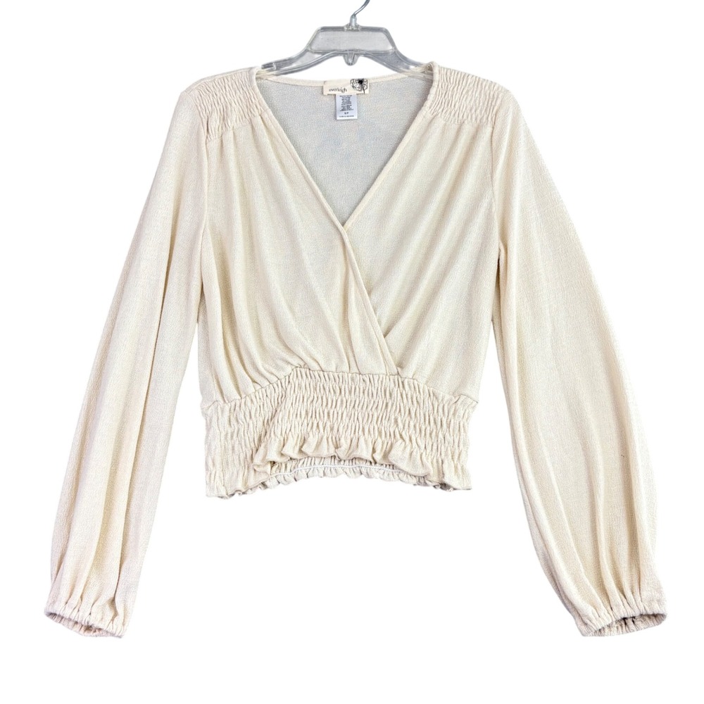 Everleigh Womens S Cream Surplice Wrap Top‎ Smocked Waist Bishop Sleeve Casual